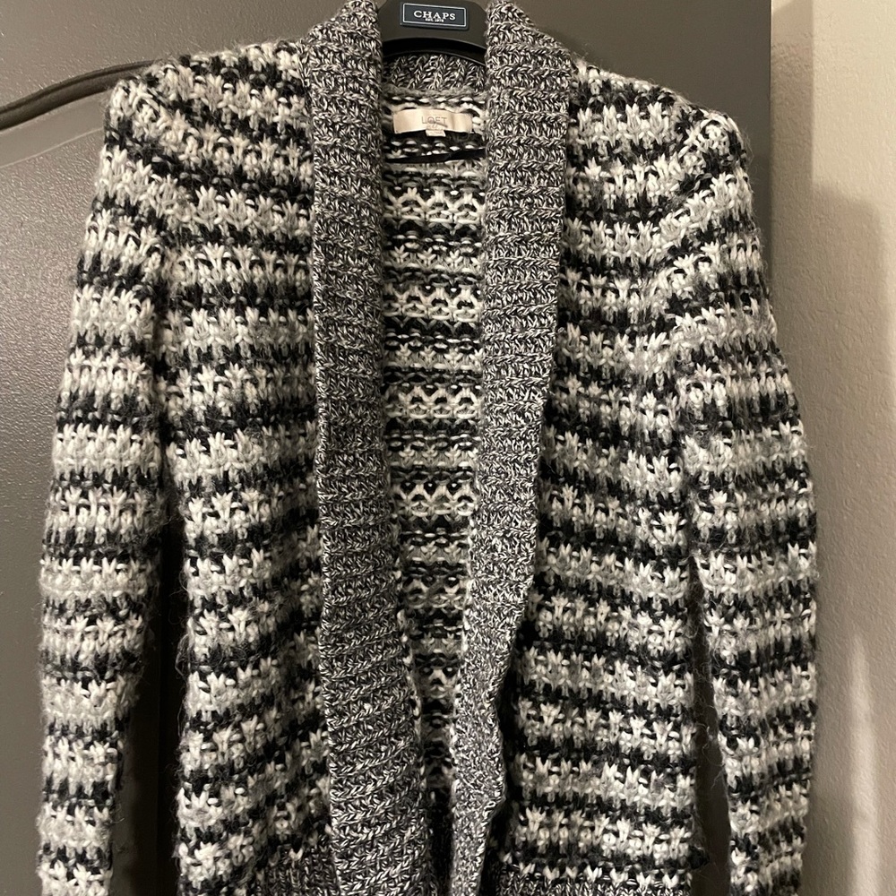 Cable knit cardigan, black grey and white. Super soft.